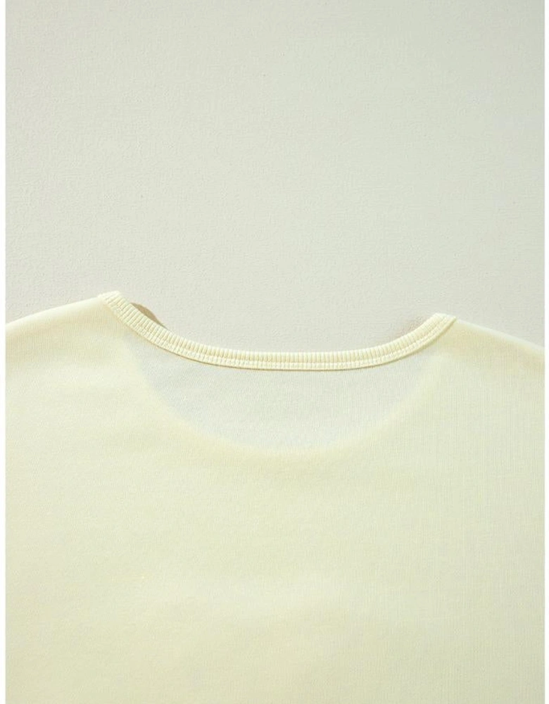 Beige Tinsel Flower Dropped Puff Sleeve Sweatshirt