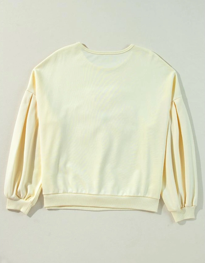 Beige Tinsel Flower Dropped Puff Sleeve Sweatshirt