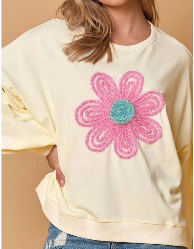 Beige Tinsel Flower Dropped Puff Sleeve Sweatshirt