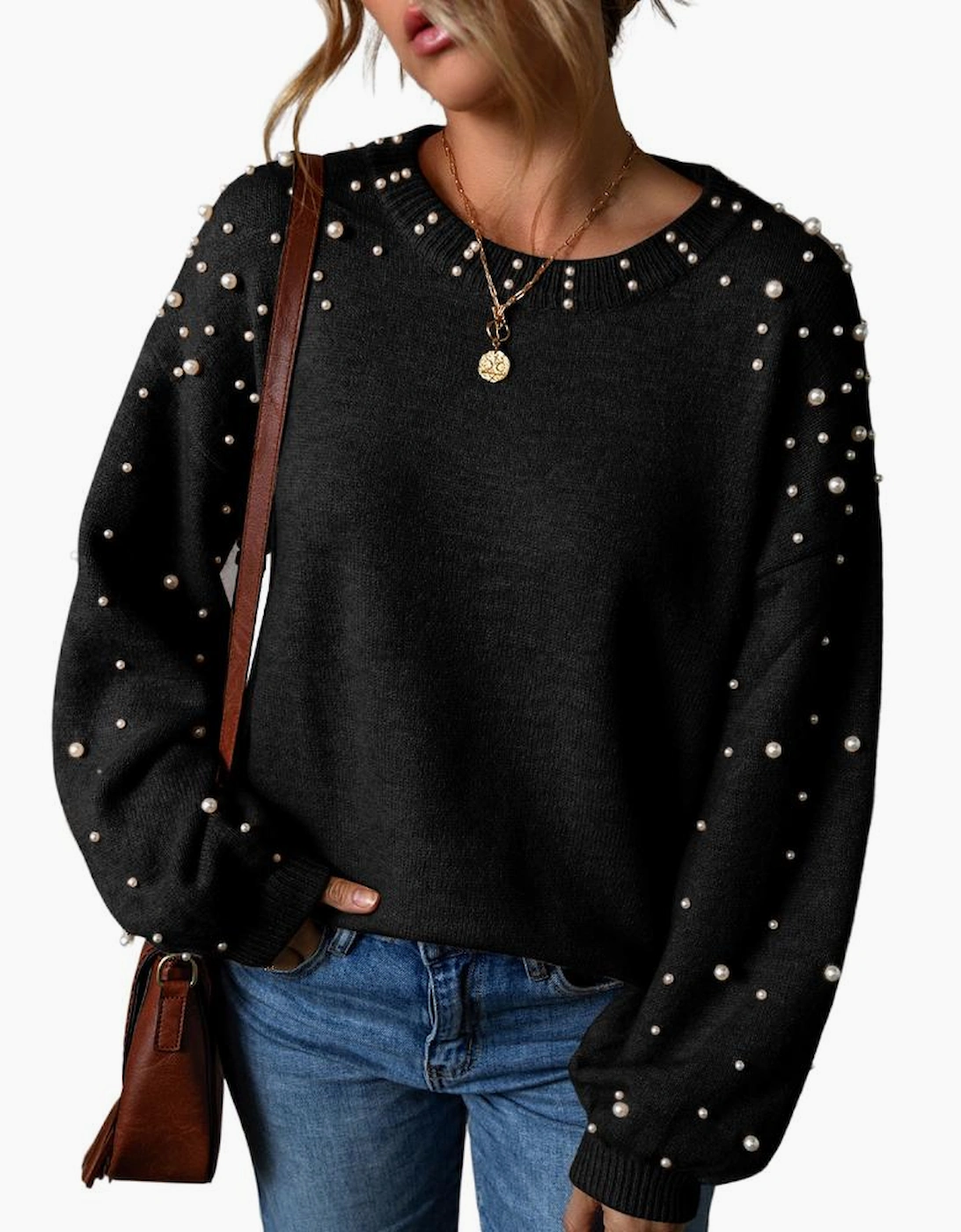 Black Pearled Drop Shoulder Round Neck Sweater