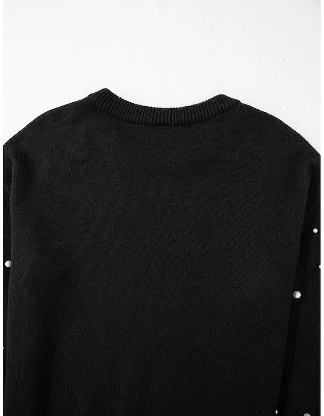 Black Pearled Drop Shoulder Round Neck Sweater, 13 of 12