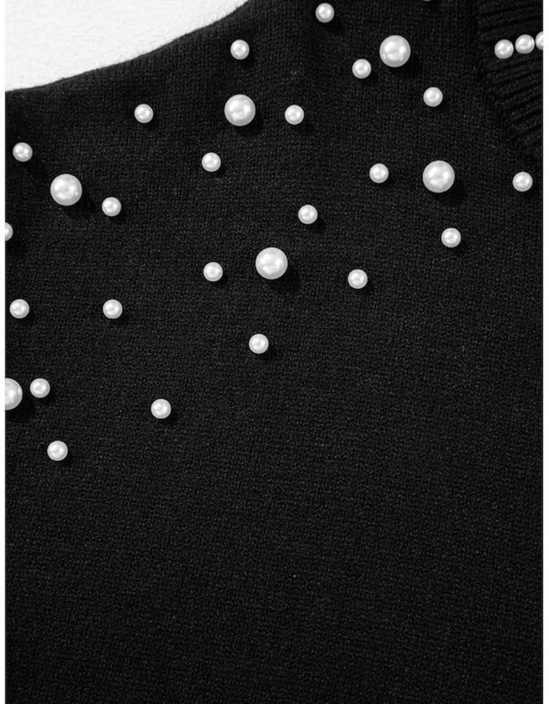 Black Pearled Drop Shoulder Round Neck Sweater