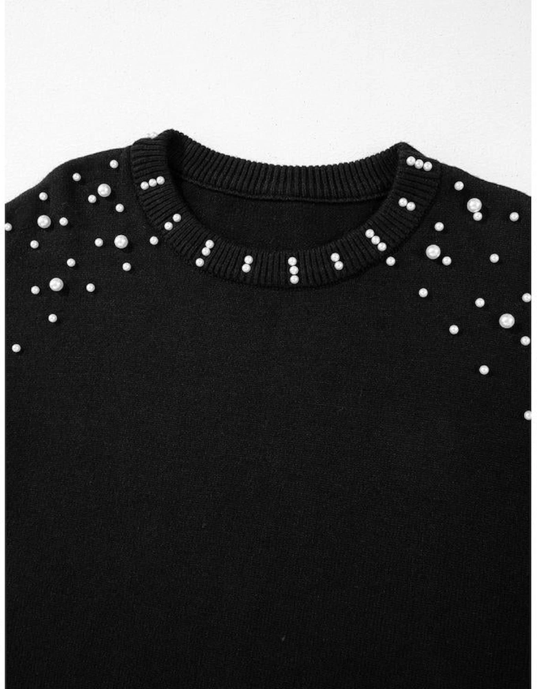 Black Pearled Drop Shoulder Round Neck Sweater