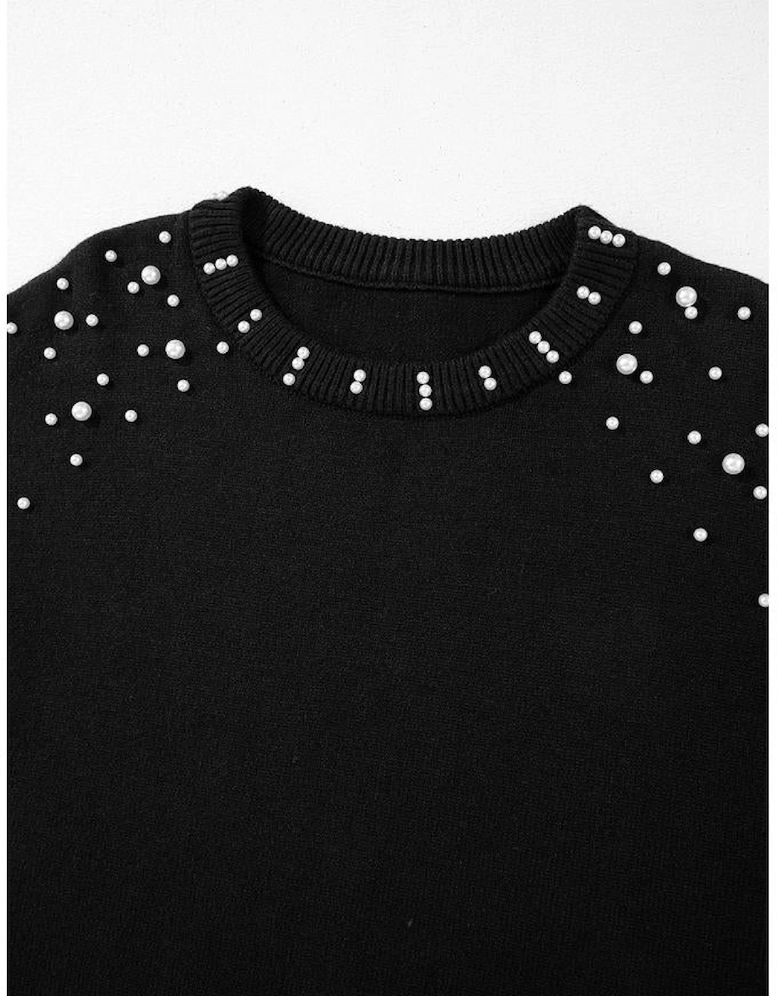 Black Pearled Drop Shoulder Round Neck Sweater