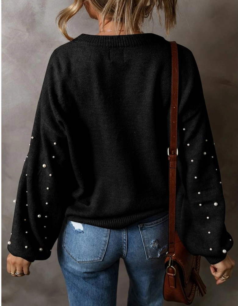 Black Pearled Drop Shoulder Round Neck Sweater