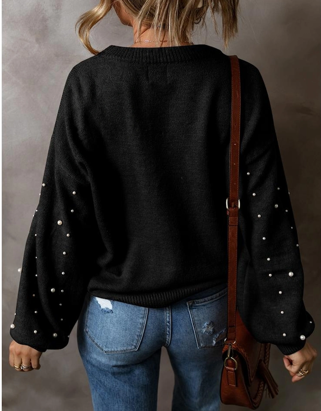 Black Pearled Drop Shoulder Round Neck Sweater