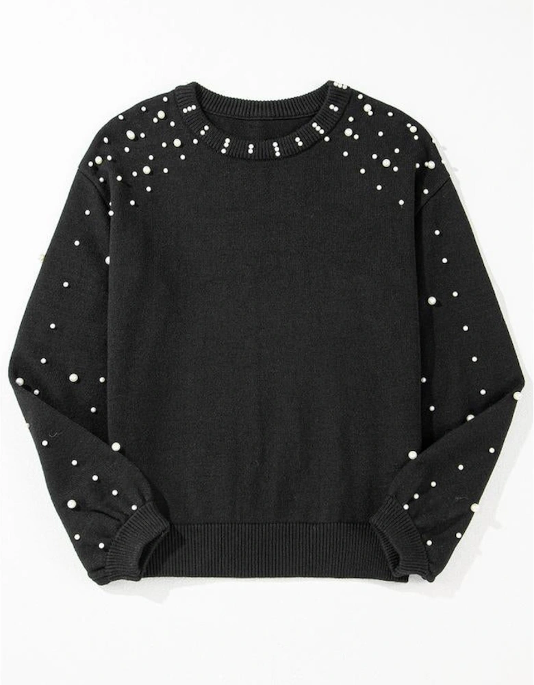 Black Pearled Drop Shoulder Round Neck Sweater