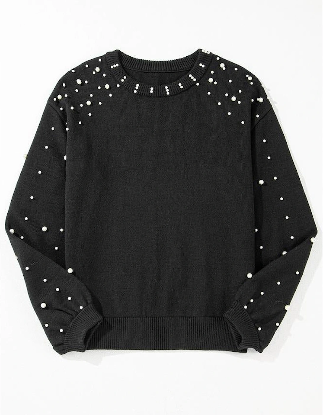 Black Pearled Drop Shoulder Round Neck Sweater