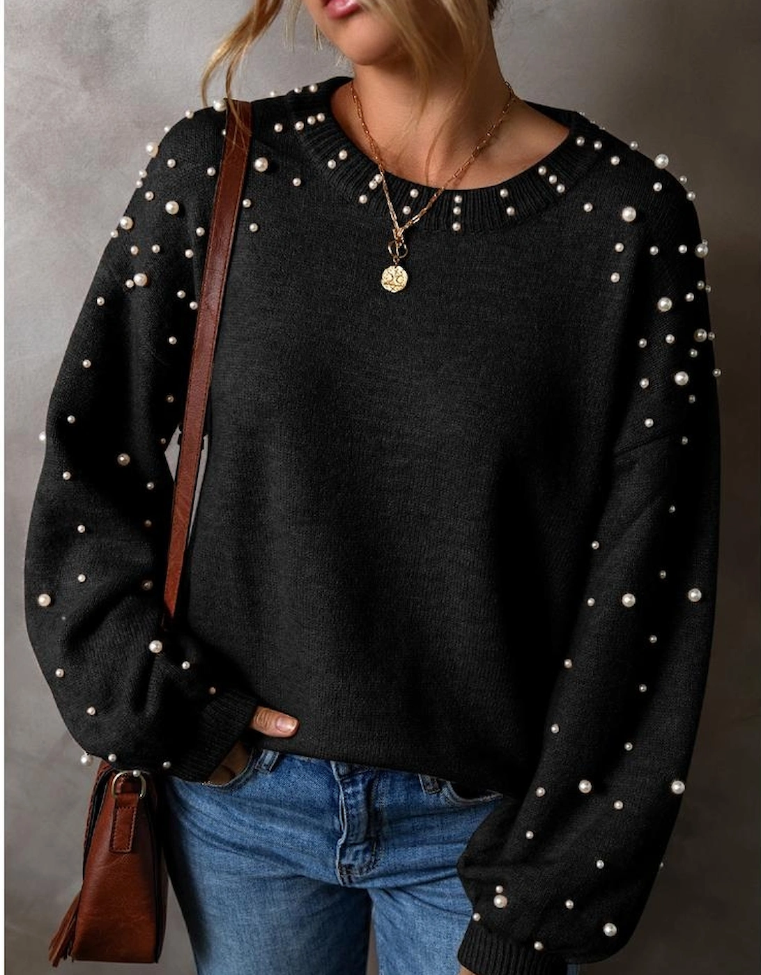 Black Pearled Drop Shoulder Round Neck Sweater