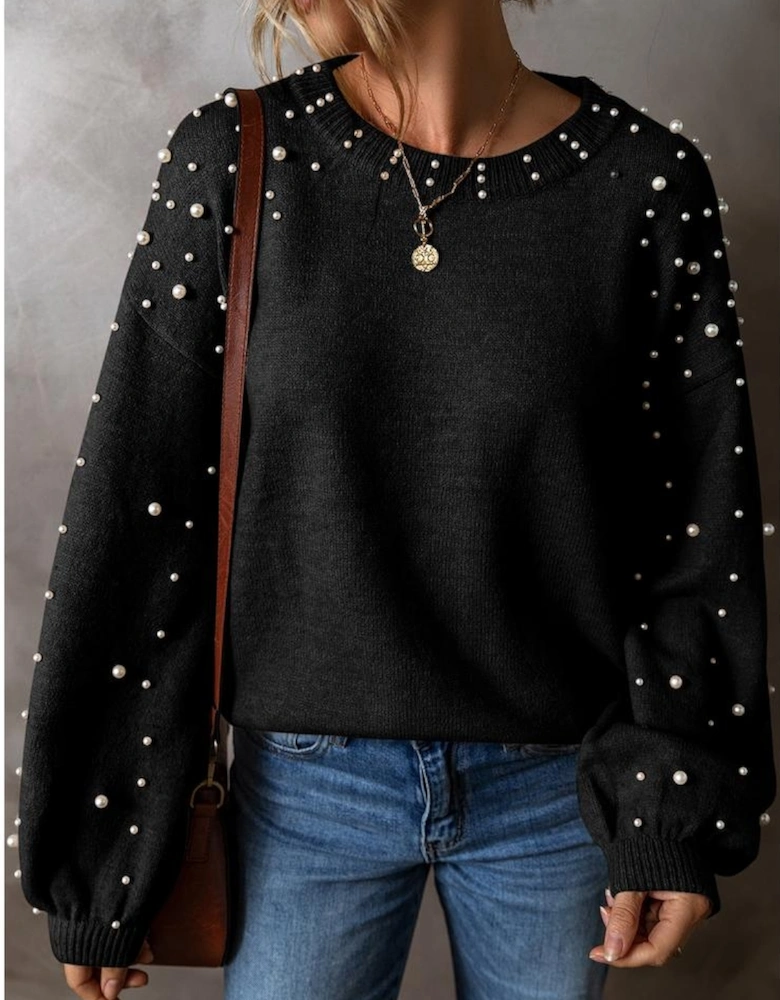 Black Pearled Drop Shoulder Round Neck Sweater