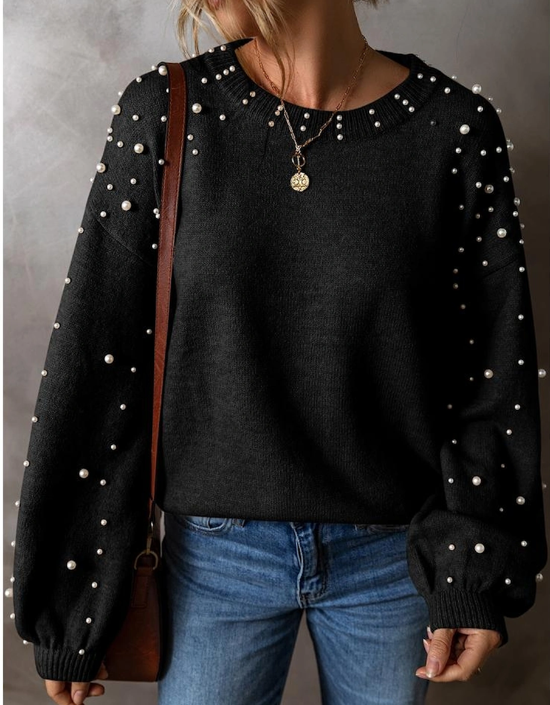 Black Pearled Drop Shoulder Round Neck Sweater