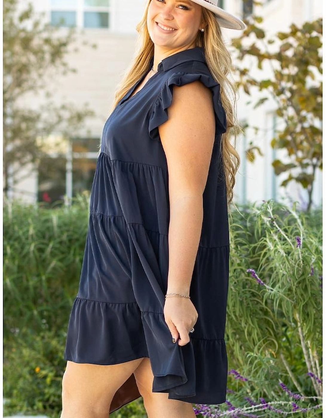 Navy Blue Collared V Neck Flutter Sleeve Tiered Plus Size Dress, 16 of 15