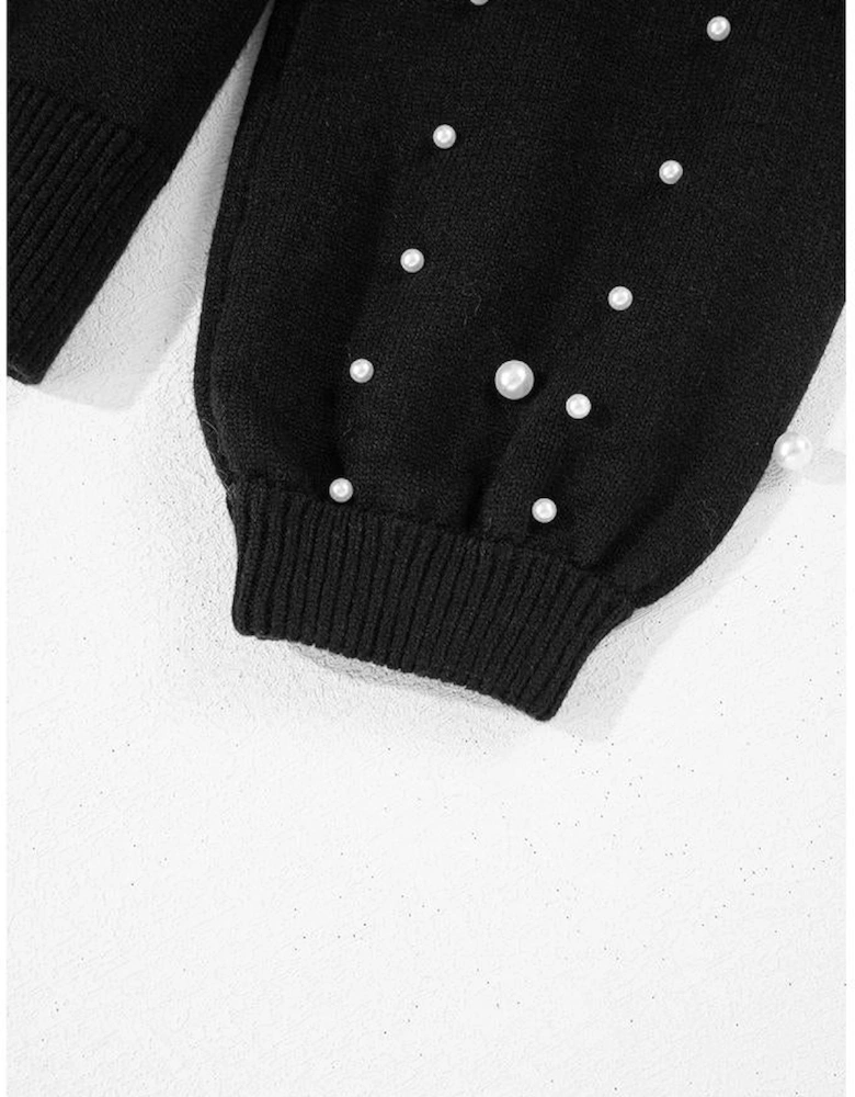 Black Pearled Drop Shoulder Round Neck Sweater