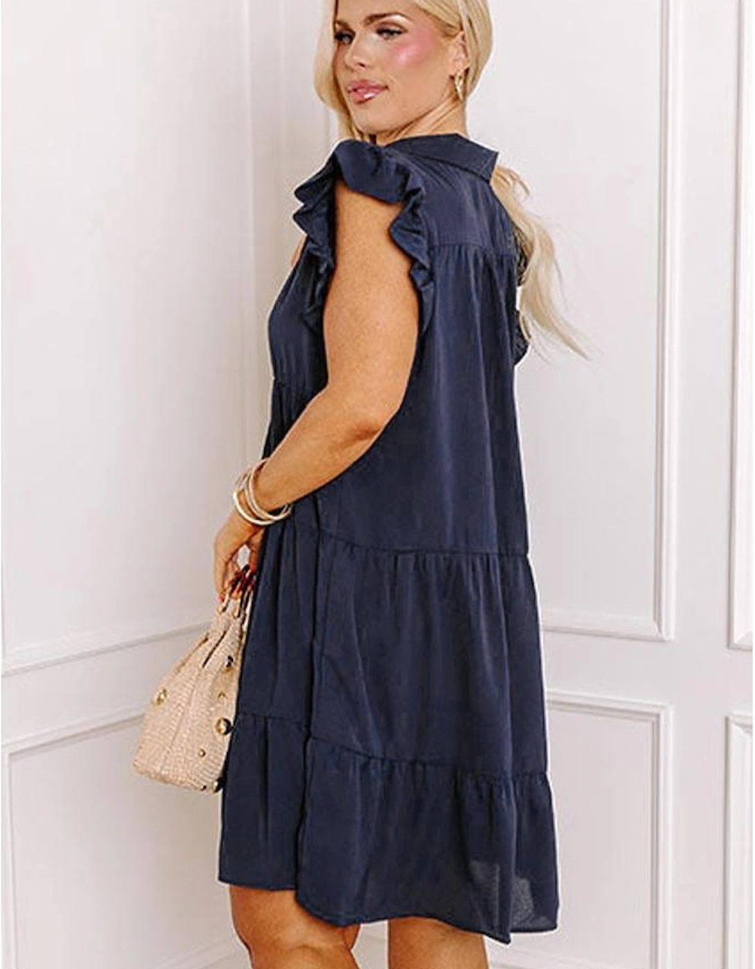 Navy Blue Collared V Neck Flutter Sleeve Tiered Plus Size Dress