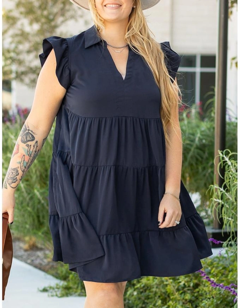 Navy Blue Collared V Neck Flutter Sleeve Tiered Plus Size Dress