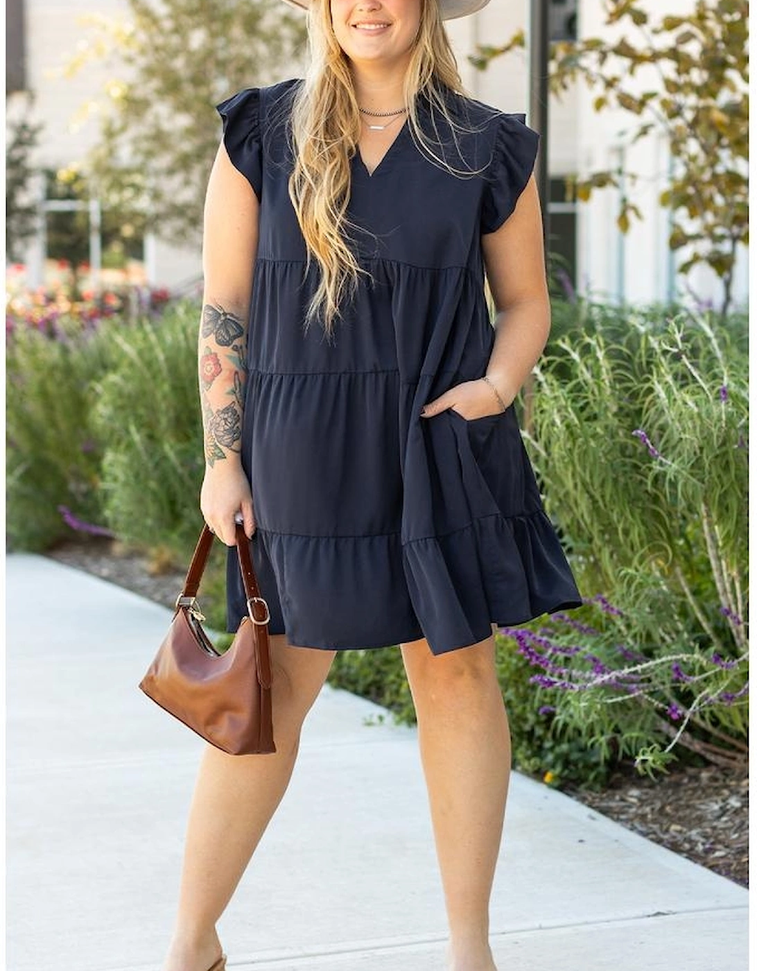 Navy Blue Collared V Neck Flutter Sleeve Tiered Plus Size Dress