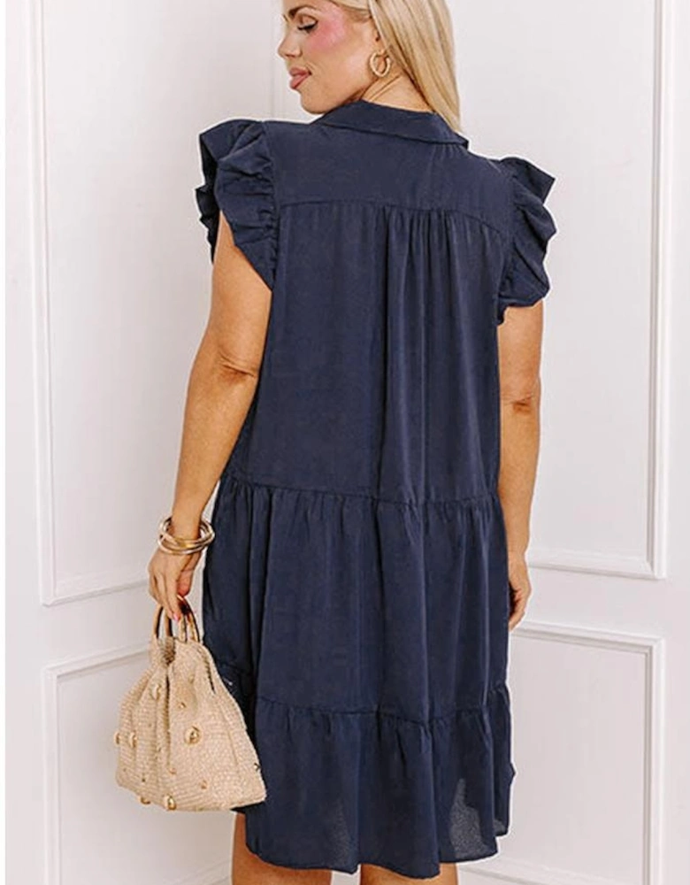 Navy Blue Collared V Neck Flutter Sleeve Tiered Plus Size Dress