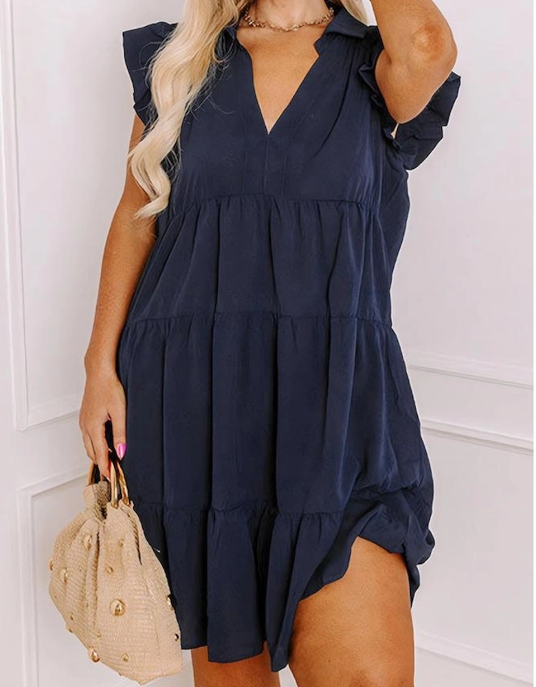 Navy Blue Collared V Neck Flutter Sleeve Tiered Plus Size Dress
