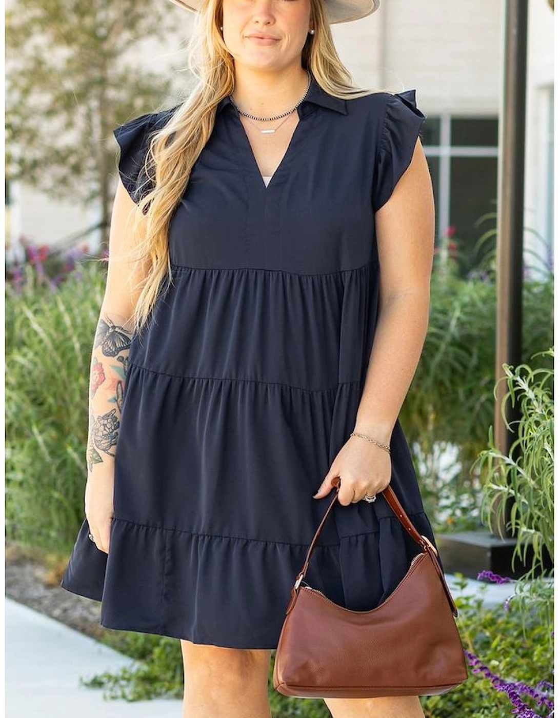 Navy Blue Collared V Neck Flutter Sleeve Tiered Plus Size Dress