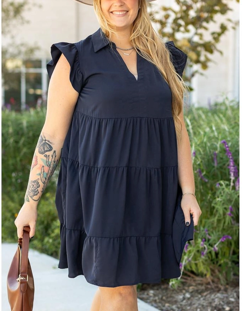 Navy Blue Collared V Neck Flutter Sleeve Tiered Plus Size Dress