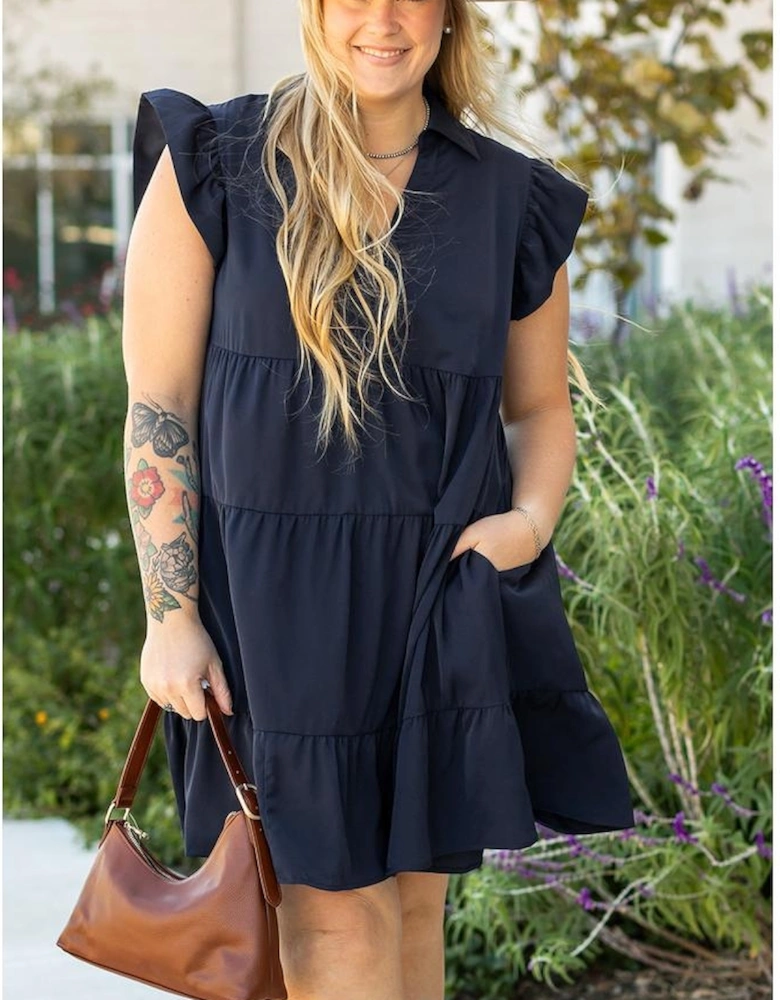 Navy Blue Collared V Neck Flutter Sleeve Tiered Plus Size Dress