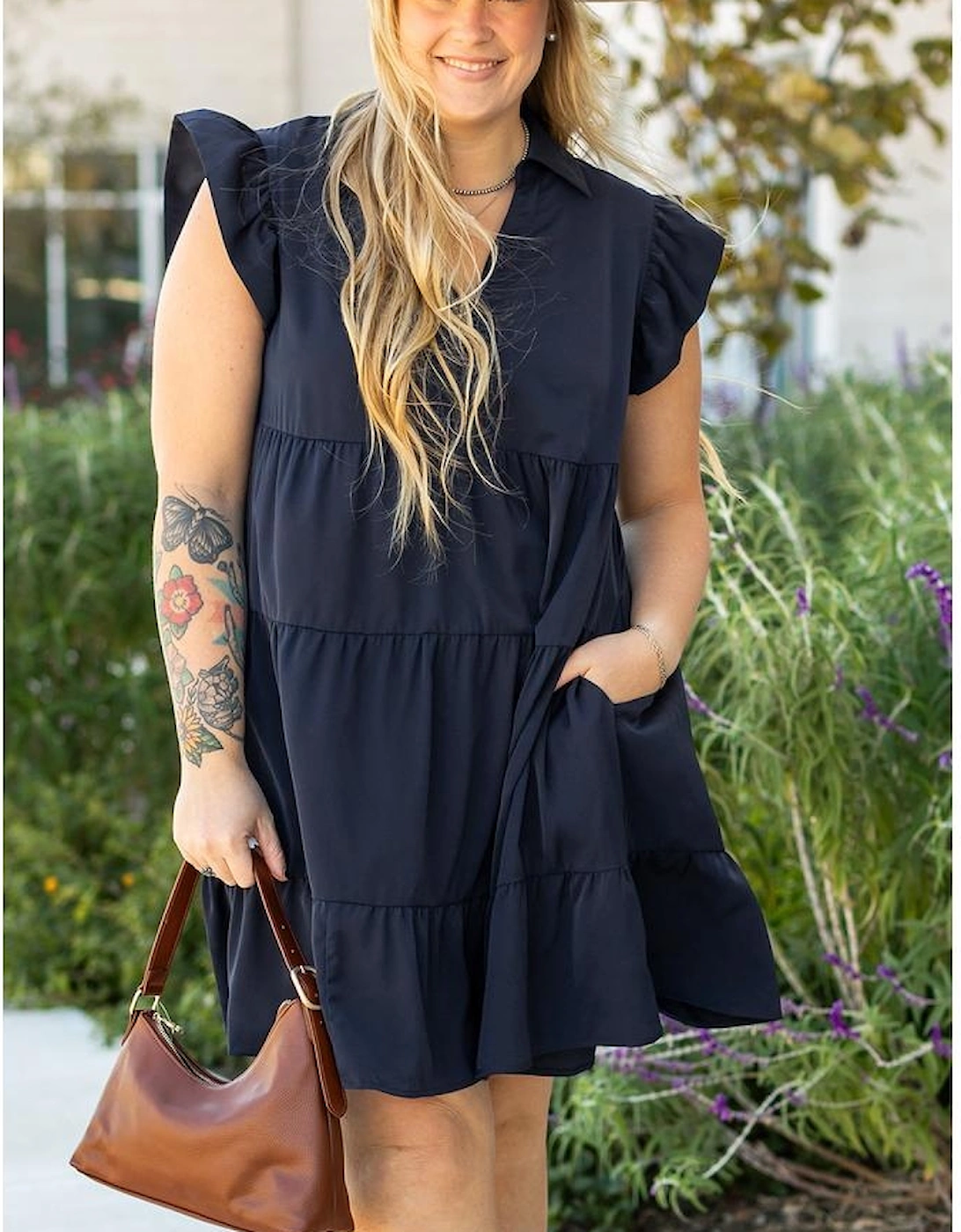 Navy Blue Collared V Neck Flutter Sleeve Tiered Plus Size Dress