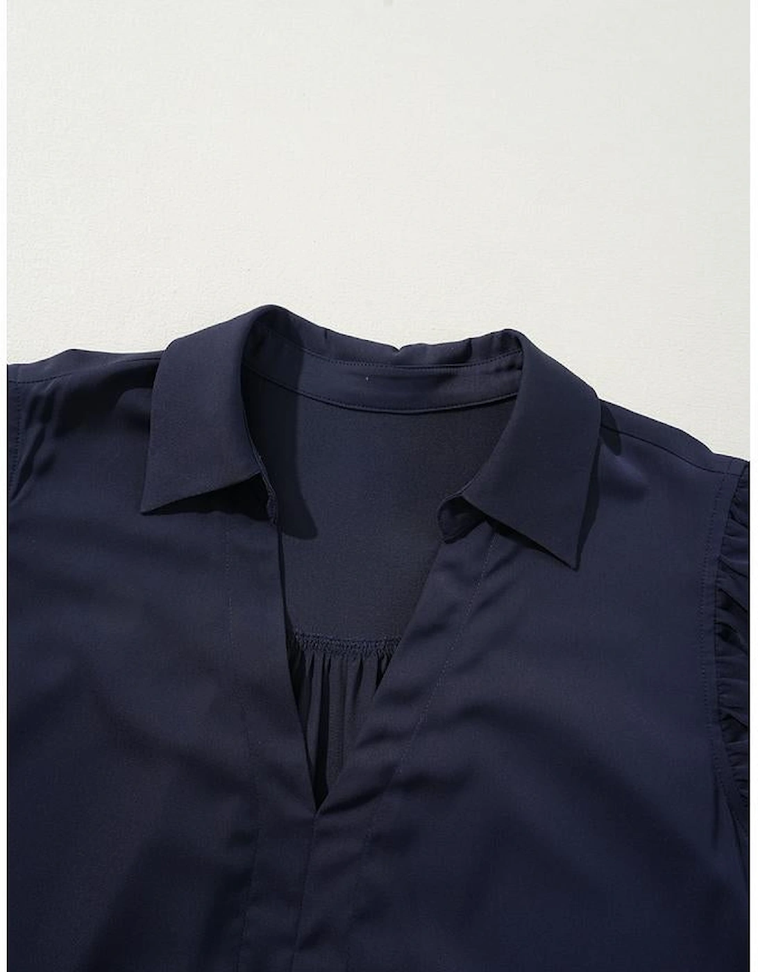 Navy Blue Collared V Neck Flutter Sleeve Tiered Plus Size Dress