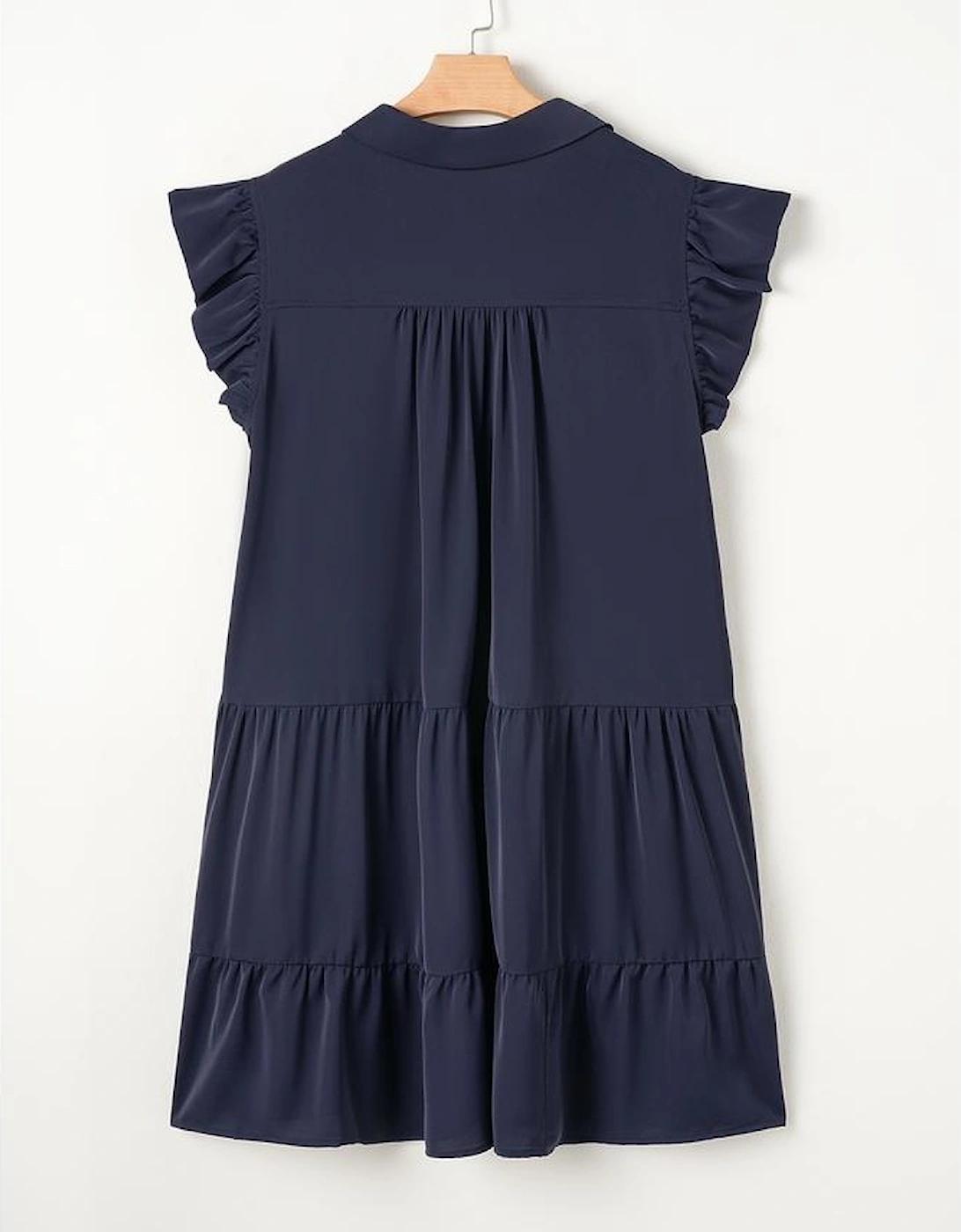 Navy Blue Collared V Neck Flutter Sleeve Tiered Plus Size Dress