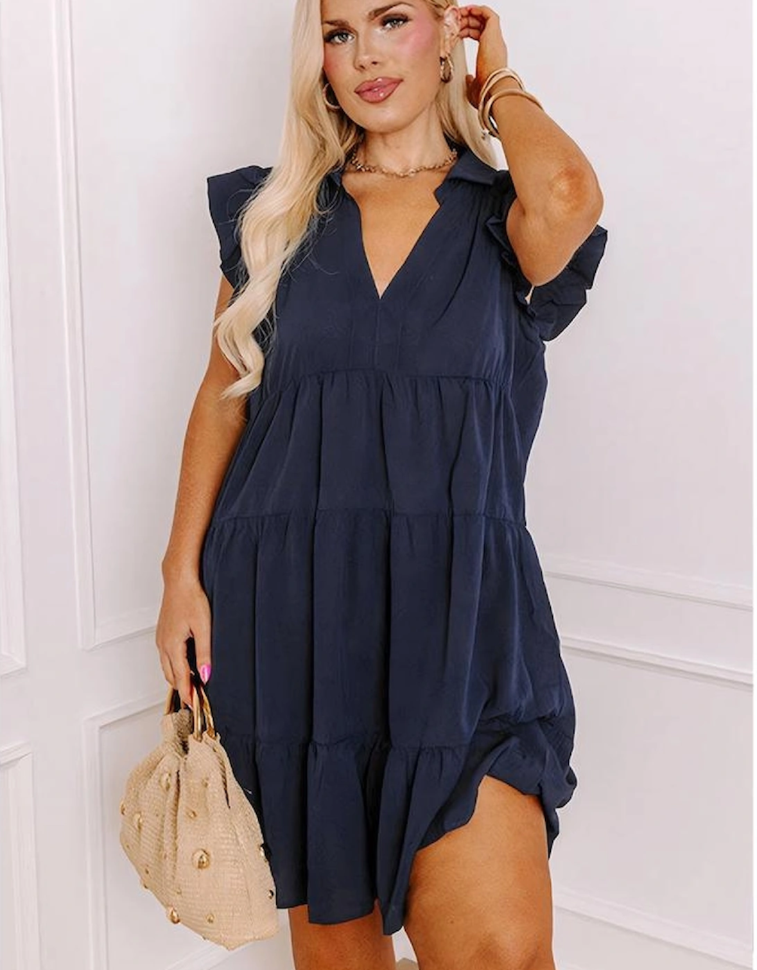 Navy Blue Collared V Neck Flutter Sleeve Tiered Plus Size Dress