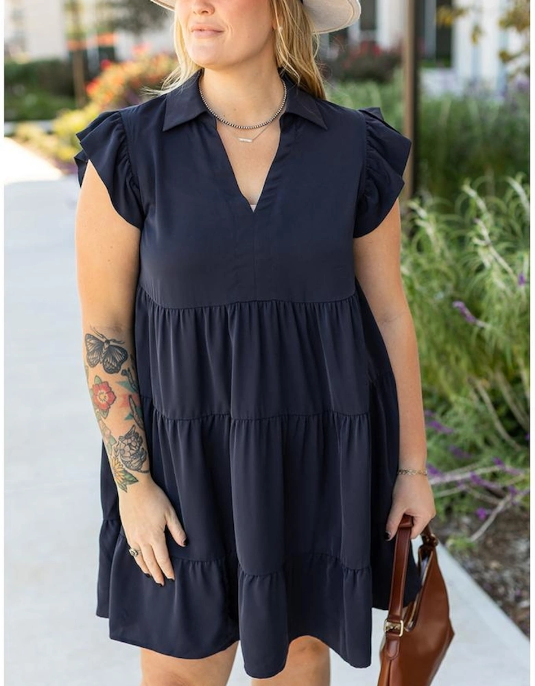 Navy Blue Collared V Neck Flutter Sleeve Tiered Plus Size Dress