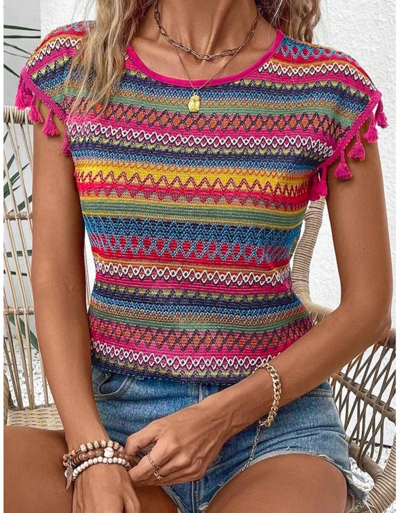 Rose Red Jacquard Textured Tasseled Cap Sleeve Top