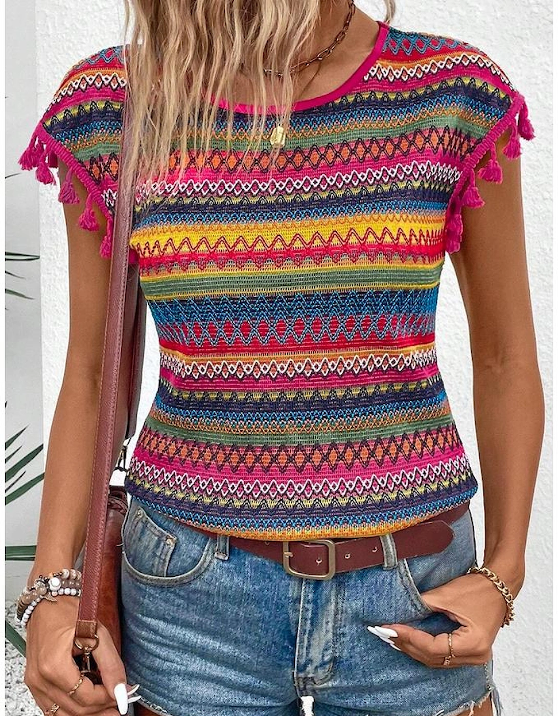 Rose Red Jacquard Textured Tasseled Cap Sleeve Top