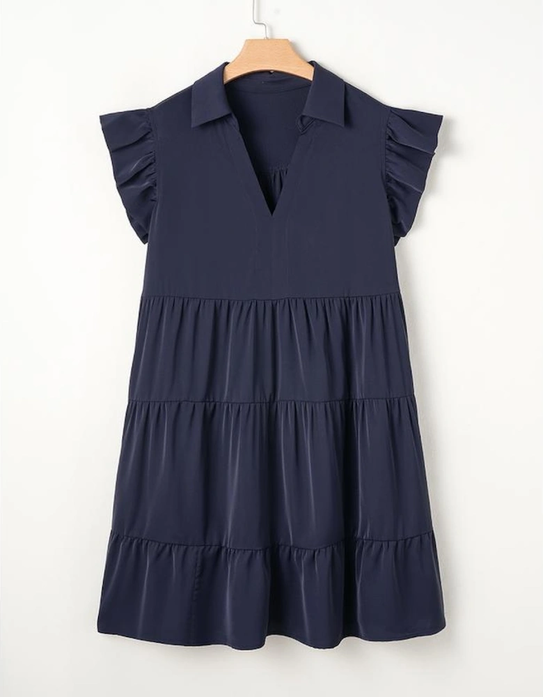 Navy Blue Collared V Neck Flutter Sleeve Tiered Plus Size Dress