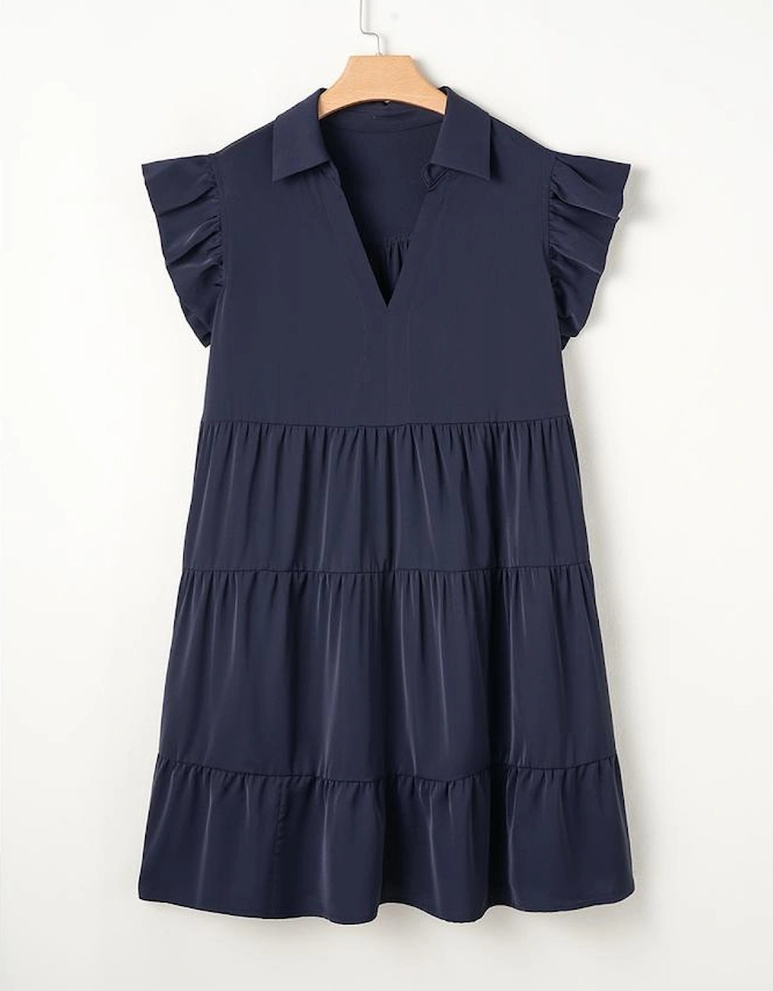 Navy Blue Collared V Neck Flutter Sleeve Tiered Plus Size Dress