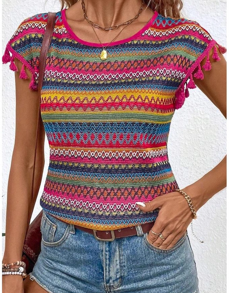 Rose Red Jacquard Textured Tasseled Cap Sleeve Top