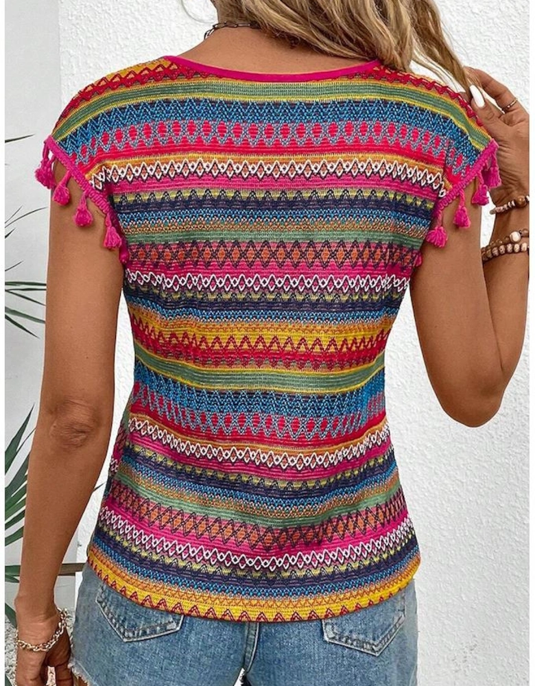 Rose Red Jacquard Textured Tasseled Cap Sleeve Top