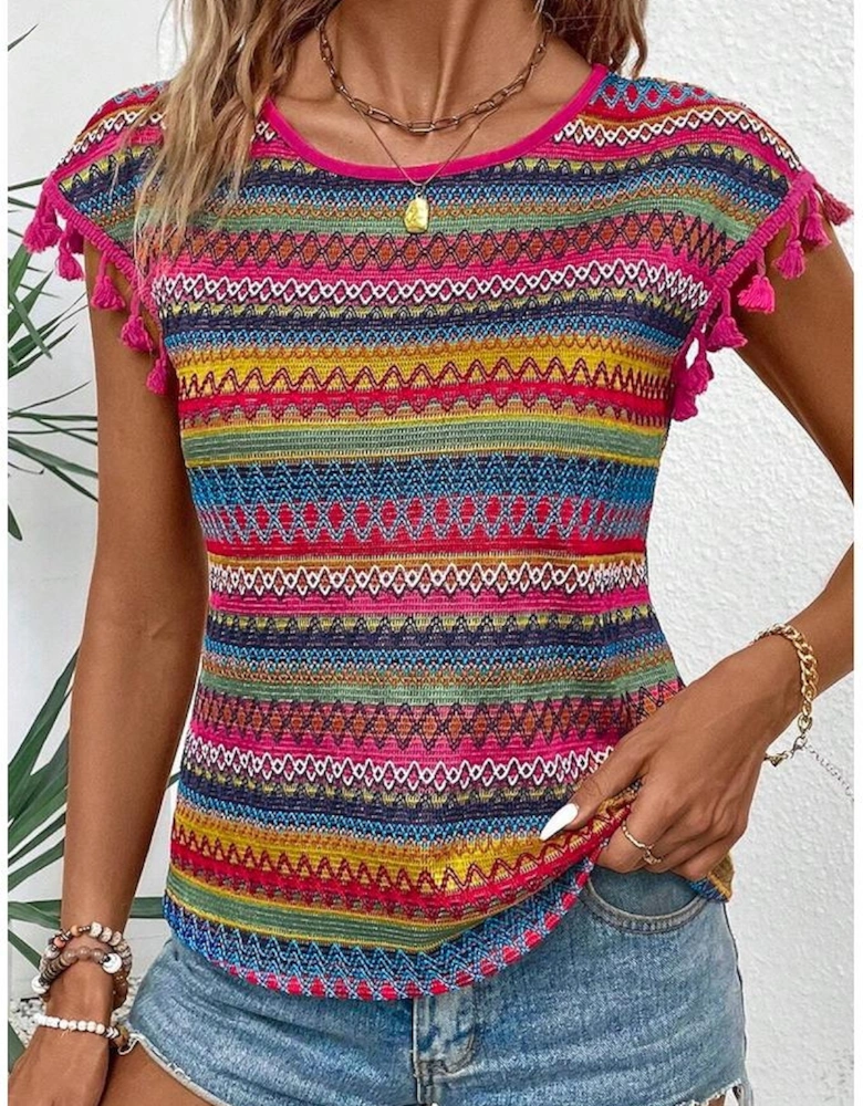 Rose Red Jacquard Textured Tasseled Cap Sleeve Top