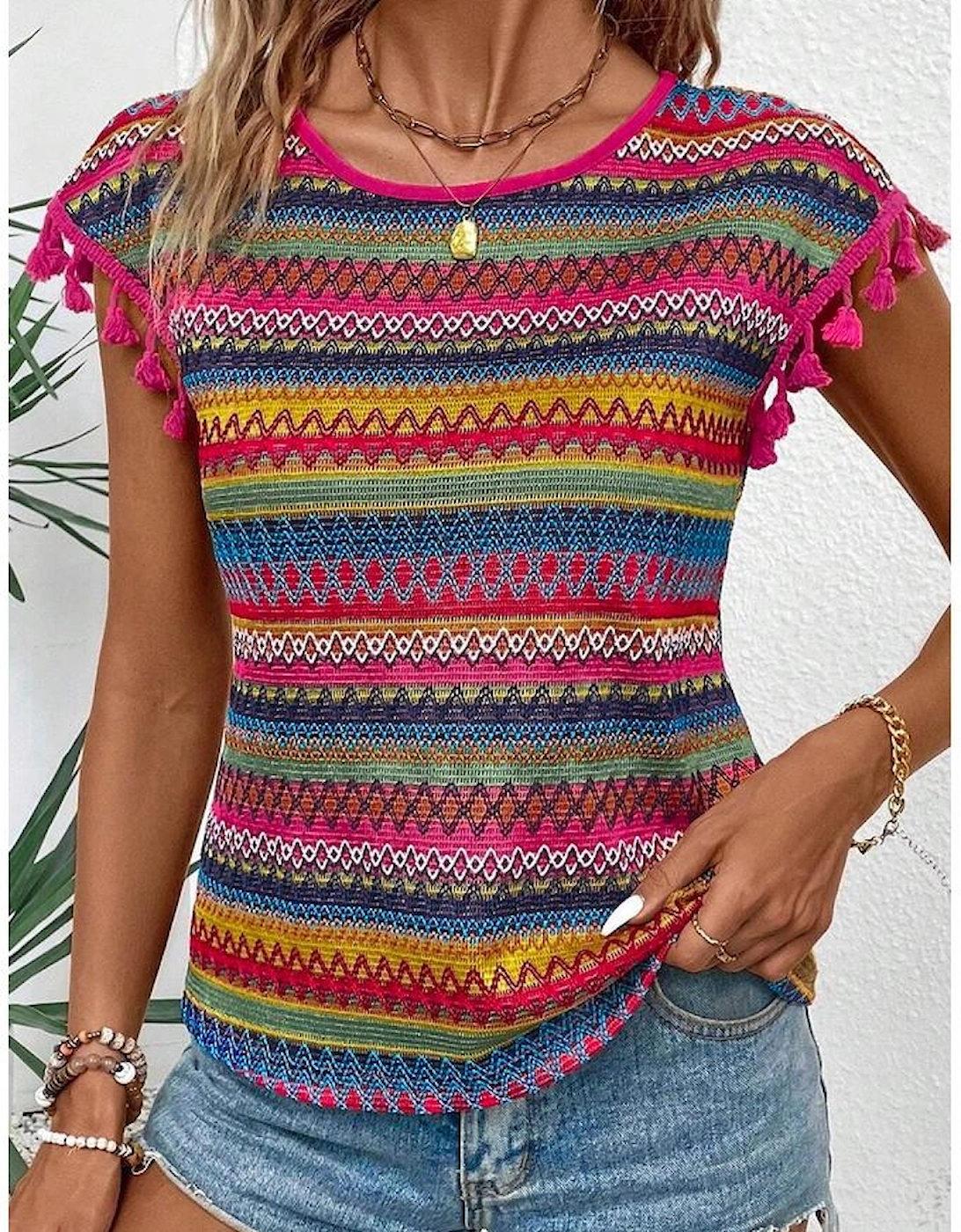 Rose Red Jacquard Textured Tasseled Cap Sleeve Top