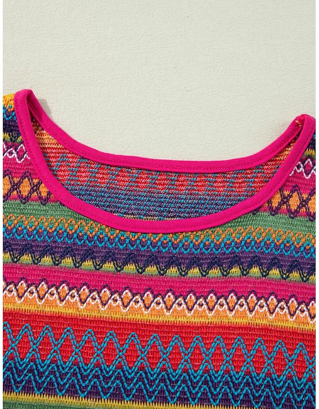 Rose Red Jacquard Textured Tasseled Cap Sleeve Top