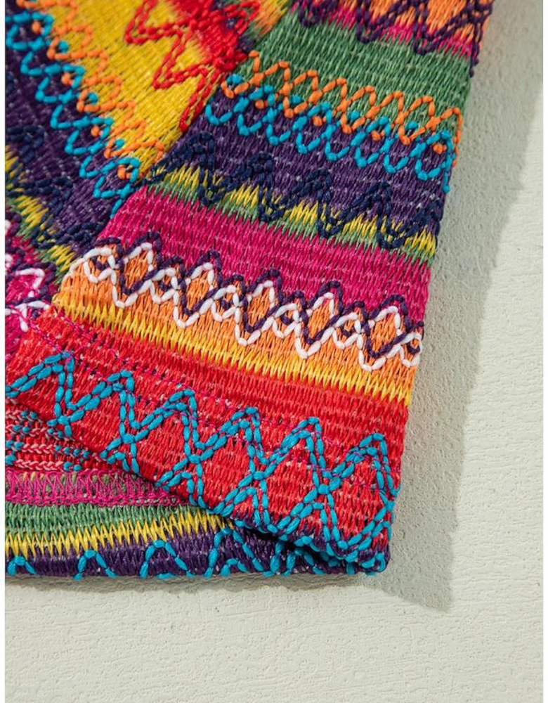 Rose Red Jacquard Textured Tasseled Cap Sleeve Top