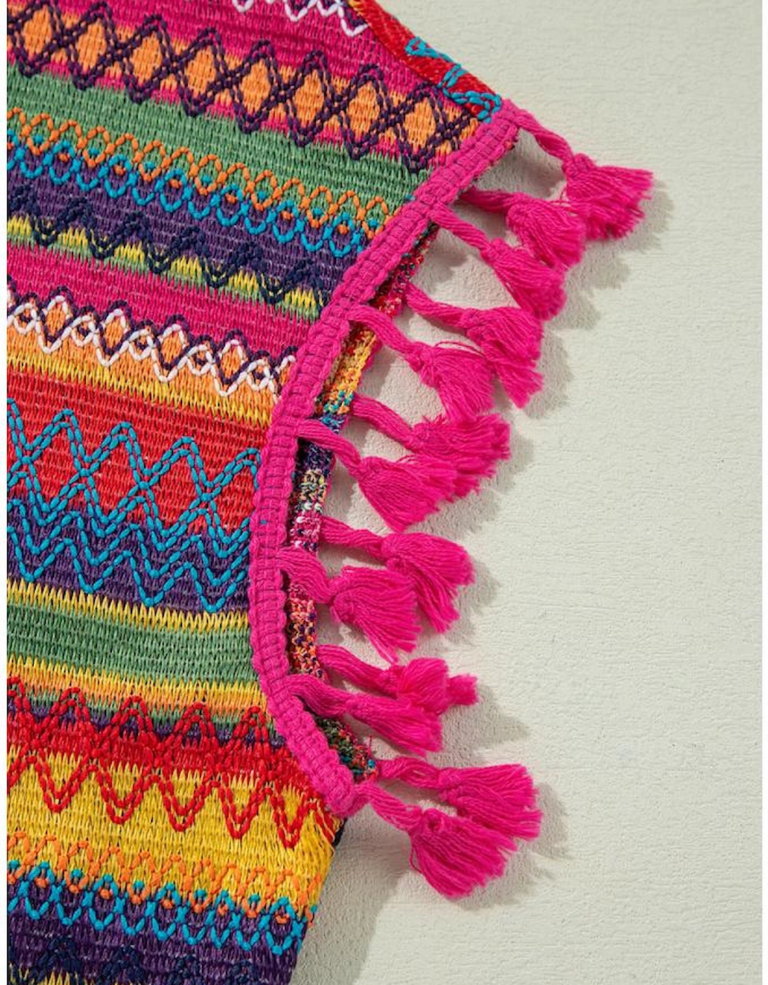 Rose Red Jacquard Textured Tasseled Cap Sleeve Top