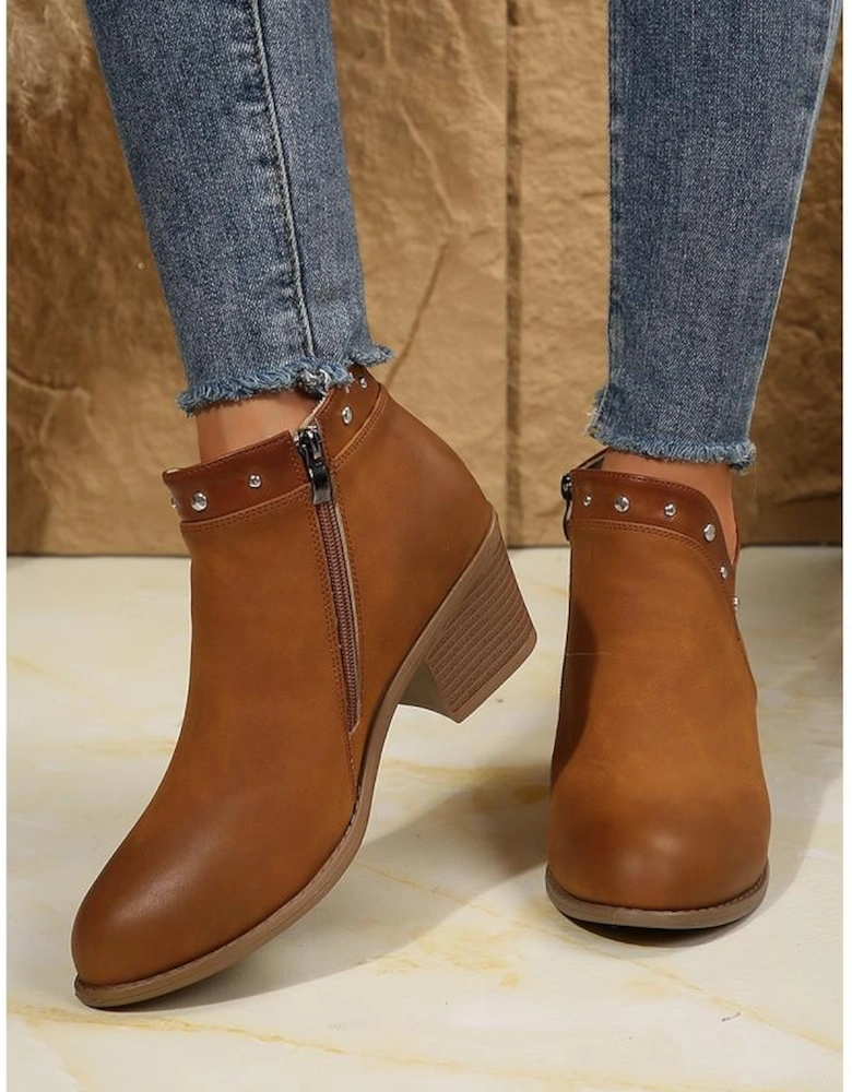 Chestnut Studded Faux Leather Chunky Heel Ankle Boots