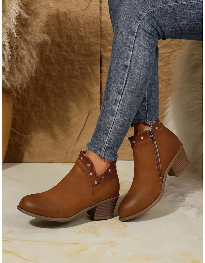 Chestnut Studded Faux Leather Chunky Heel Ankle Boots