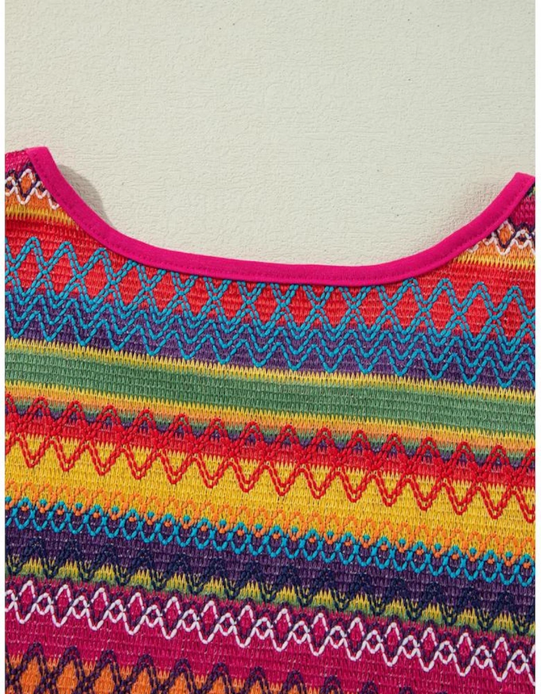 Rose Red Jacquard Textured Tasseled Cap Sleeve Top