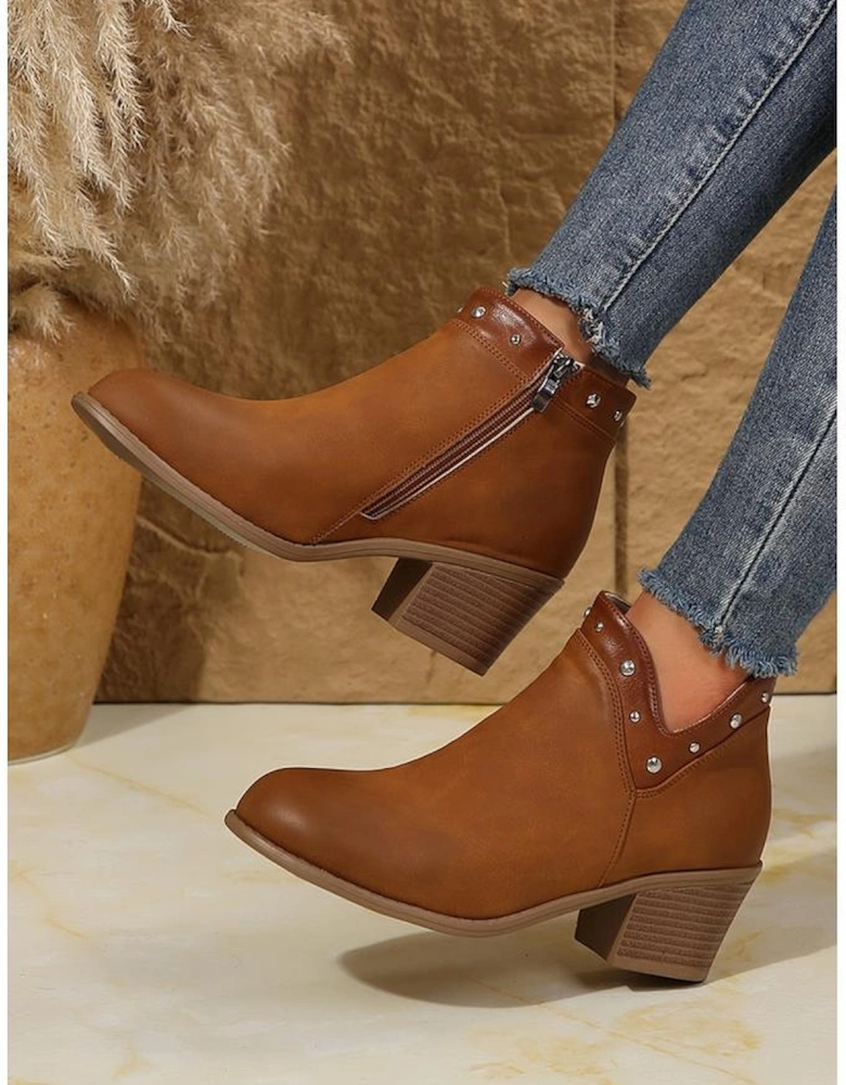 Chestnut Studded Faux Leather Chunky Heel Ankle Boots