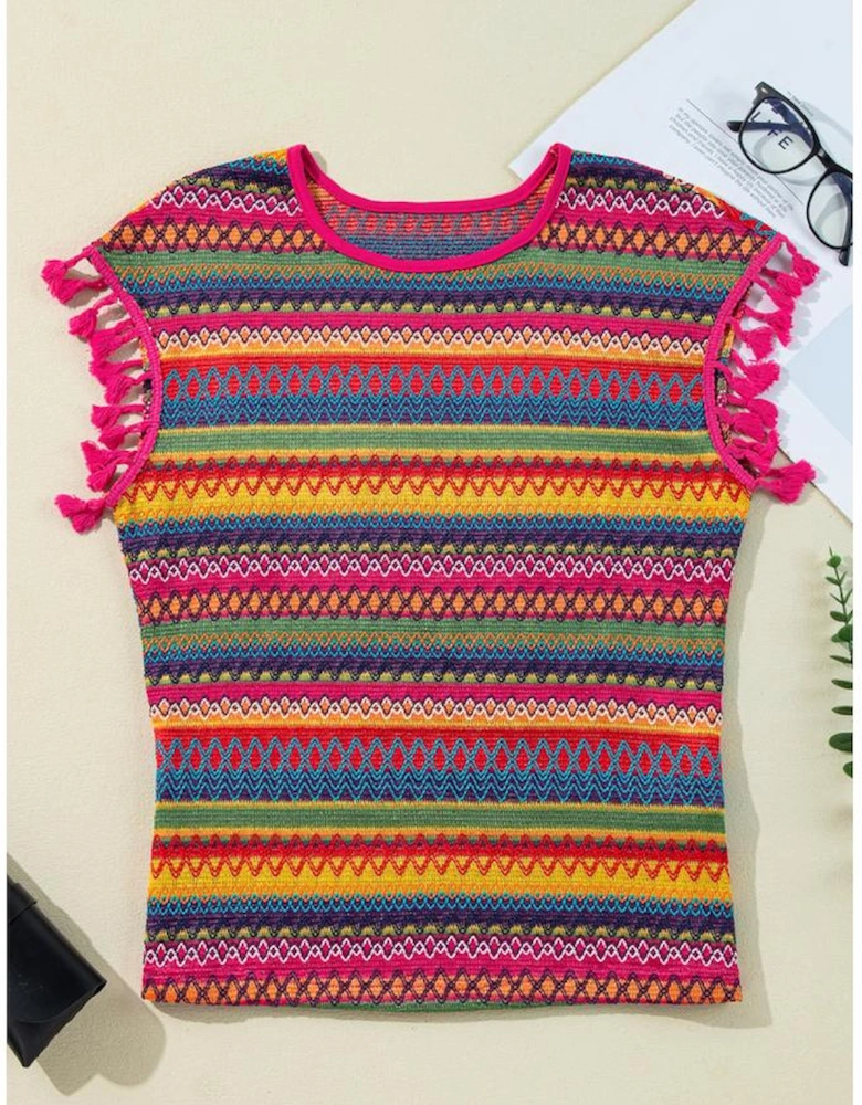 Rose Red Jacquard Textured Tasseled Cap Sleeve Top