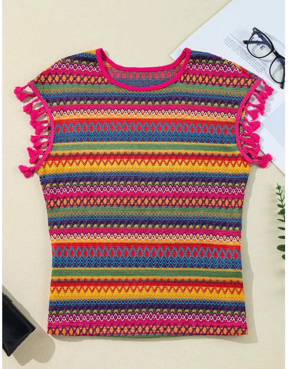 Rose Red Jacquard Textured Tasseled Cap Sleeve Top