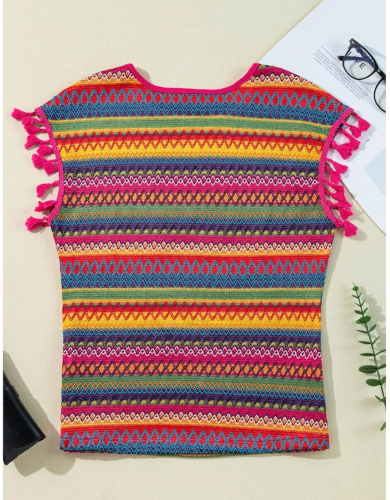 Rose Red Jacquard Textured Tasseled Cap Sleeve Top