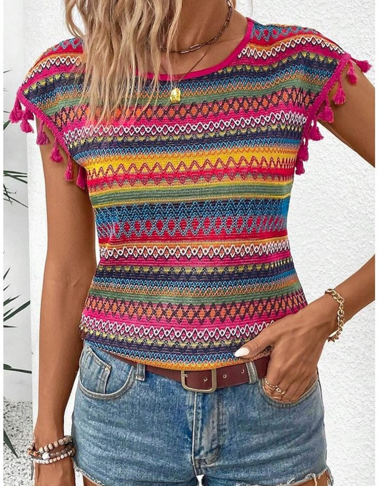 Rose Red Jacquard Textured Tasseled Cap Sleeve Top