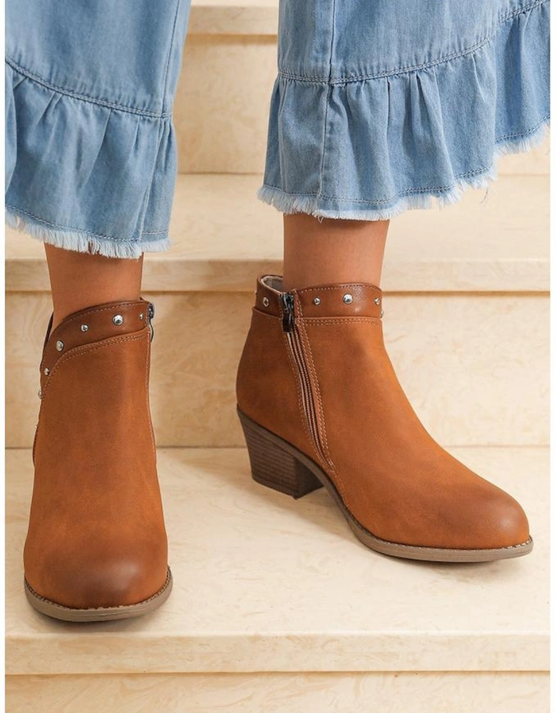 Chestnut Studded Faux Leather Chunky Heel Ankle Boots